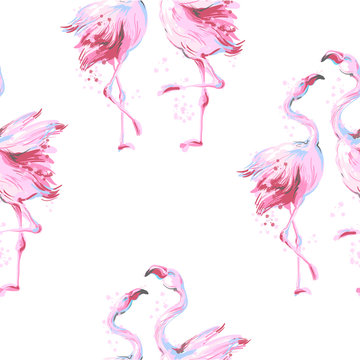 Tropical pink Bird Flamingo Background Seamless pattern vector on white