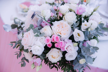 Wedding bouquet in restaurant on the table