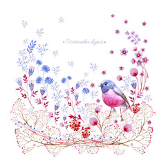 Nature square crimson and blue ornament . Cliparts for wedding design, artistic creation.