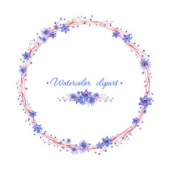 Floral rounded blue wreath with brown branches. Cliparts for wedding design, artistic creation.