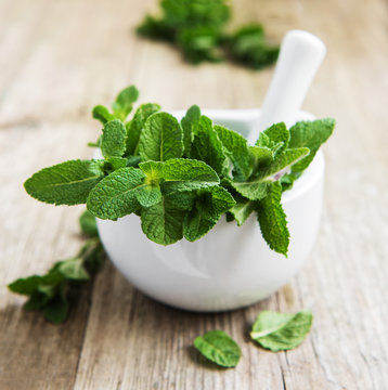Mortar with fresh mint