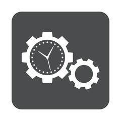 Icono plano dos engranajes con manecillas reloj en cuadrado gris