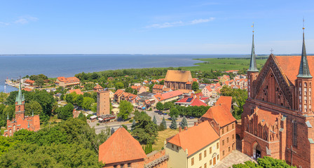 Fototapeta na wymiar Frombork, view of city and Vistula bay from cathedral belfry called Radziejowski tower