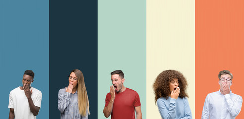Group of people over vintage colors background bored yawning tired covering mouth with hand....
