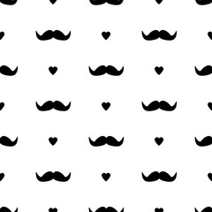 Seamless pattern with black mustache and hearts.