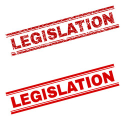 LEGISLATION stamp seal watermark with distress and clean styles. Red vector rubber print of LEGISLATION title with dirty texture. Text title is placed between double parallel lines.