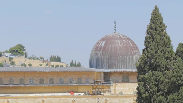 The ancient gray dome of the Al Aqsa Mosque on the Temple Mount in Jerusalem