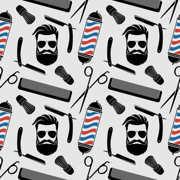 Barbershop background, seamless pattern with hairdressing scissors, shaving brush, razor, comb, hipster face and barber pole. Vector illustration