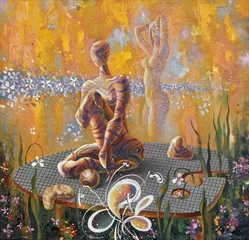 Fantasie auf der Kunstpalette. Surrealistisches Bild, bestehend aus fiktiven Mädchen, Blättern und Blumen. Malerisches Bild: Öl auf Leinwand. Autor: Nikolay Sivenkov. © Sivenkov