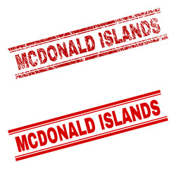 MCDONALD ISLANDS stamp seal watermark with distress and clean styles. Red vector rubber print of MCDONALD ISLANDS caption with corroded texture. Text caption is placed between double parallel lines.
