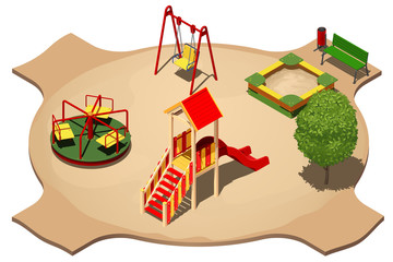 Детская площадка с качелями, каруселями, песочницей и горкой для катания, изометрический векторный рисунок на белом фоне