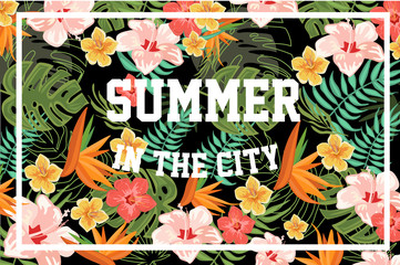 Summer in the City, palm leaves and flowers, design element for banner, poster, brochure, flyer colorful vector Illustration