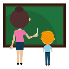 woman teacher with chalkboard and boy