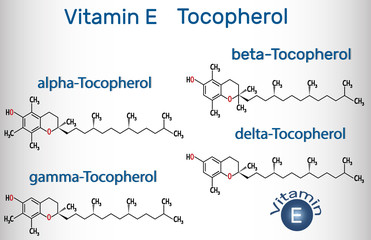 Vitamin E - Tocopherol (alpha-, beta-, gamma-, delta-) molecule. Structural chemical formula