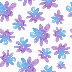 Fototapeta na wymiar Seamless pattern with painted violet blue flowers isolated on white background. Watercolor illustration