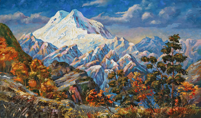 Autumn view of the two-headed mountain Elbrus. Mountain autumn landscape in bright and juicy tones. Picturesque painting: oil on canvas. Author: Nikolay Sivenkov.