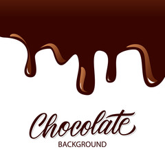 Chocolate hand drawn lettering text design with liquid chocolate background. Creative typography for restaurant, cafe menu, food market, packaging. Vector illustration.