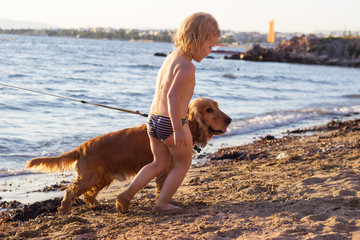 Little girl and the dog on the beach