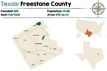 Detailed map of Freestone county in Texas, USA.