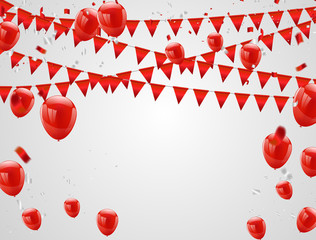 Red balloons, confetti concept. Celebration Vector illustration.