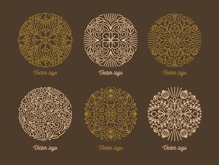 Bundle of round oriental ornaments drawn with contour lines. Set of circular Arabic mandalas or beautiful decorative design elements. Modern vector illustration in lineart style for logotype, label.