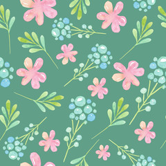 Seamless pattern with painted pink flowers and leaves on a turquoise background. Watercolor illustration