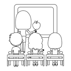 woman teacher with chalkboard and students