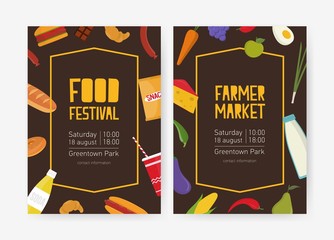 Bundle of flyer or poster templates for food festival or farmer market decorated with fruits, vegetables, snacks, dairy and bakery products. Colorful vector illustration for event announcement.
