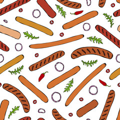 Seamless Endless Background Pattern of Different Sausages, Onion Rings, Rocket Leaves Herb, Pepper. Food Collection. Realistic Hand Drawn High Quality Vector Illustration. Doodle Style.