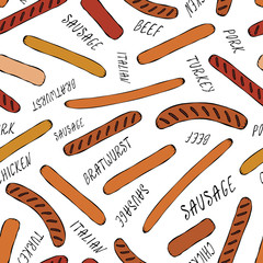Seamless Endless Background Pattern of Different Sausages and Lettering. Food Collection. Realistic Hand Drawn High Quality Vector Illustration. Doodle Style.