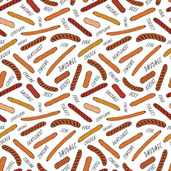 Seamless Endless Background Pattern of Different Sausages and Lettering. Food Collection. Realistic Hand Drawn High Quality Vector Illustration. Doodle Style.
