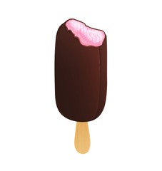 Delicious bitten ice cream on wooden stick or popsicle isolated on white background