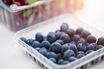 Closeup of blueberries in a container