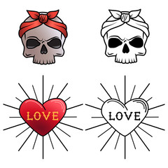 Skull and heart tattoo coloring page