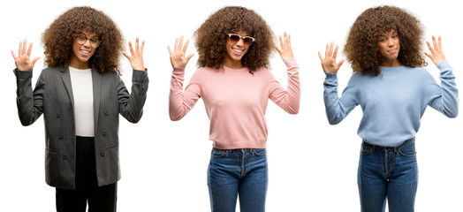 African american young woman wearing different outfits showing and pointing up with fingers number nine while smiling confident and happy.