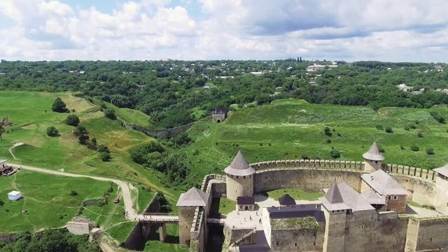 Aerial Shot. Old castle near the RIver. Hotin Castle in Ukraine. Eastern Europe