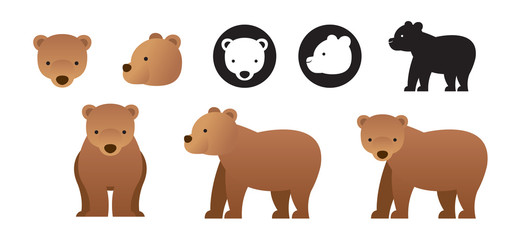 Bear Vector Set, Front View, Side View, Silhouette