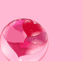 a lot of red hearts inside a transparent ball on a pink background, soap bubble