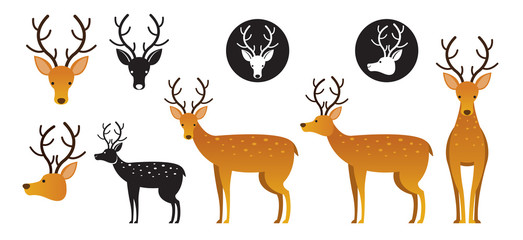 Deer Vector Set, Front View, Side View, Silhouette