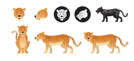 Leopard or Jaguar Vector Set, Front View, Side View, Silhouette © muchmania