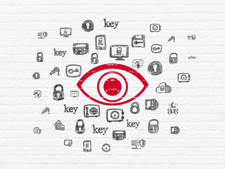 Safety concept: Painted red Eye icon on White Brick wall background with  Hand Drawn Security Icons