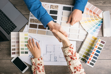 successful work. Shaking hands. Work of designer and client Agreement. Approval of the project. Top...
