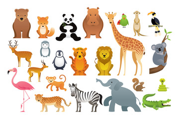 Wild Animals Vector Set, Zoo, Safari, Front view and Side View