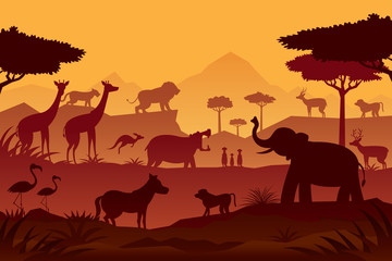 Fototapeta na wymiar Animals and Wildlife Sunrise or Sunset Background, Silhouette, Nature, Zoo and Safari