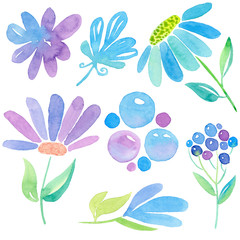 Set with painted stylized blue, purple flowers isolated on white background. Watercolor illustration