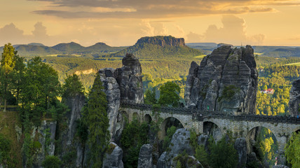 Bastei bridge during sunset, high resolution panorama