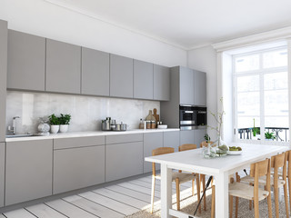 modern nordic kitchen in loft apartment. 3D rendering - obrazy, fototapety, plakaty