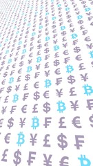 Bitcoin and currency on a white background. Digital Cryptocurrency symbol. Business concept. Market Display. 3D illustration