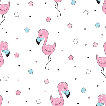 Seamless pattern with funny flamingo