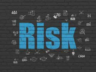 Business concept: Painted blue text Risk on Black Brick wall background with  Hand Drawn Business Icons